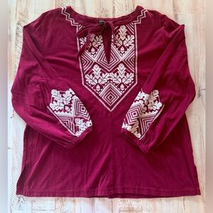 J. Crew Burgundy Blouse with White Embroidery